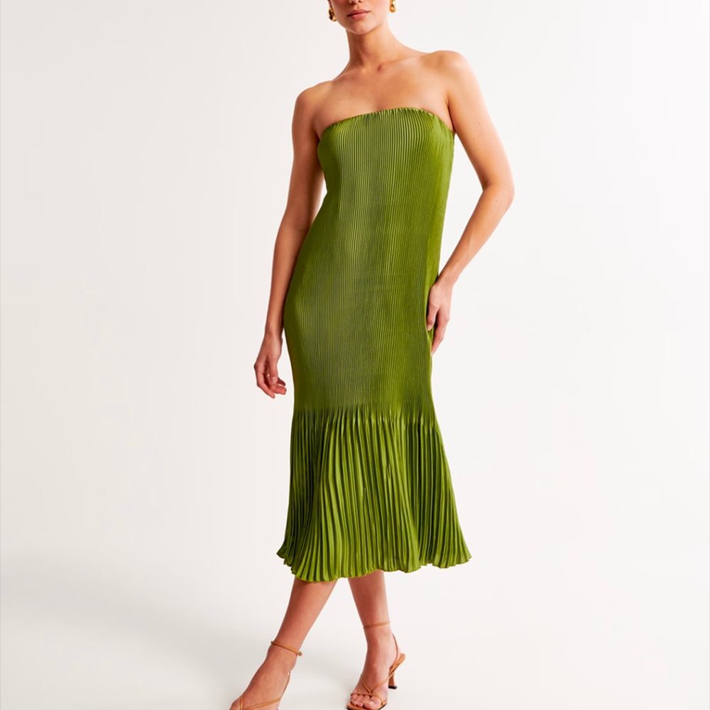 A&F Strapless Pleat Release Midi Dress | Green | Size XS Regular